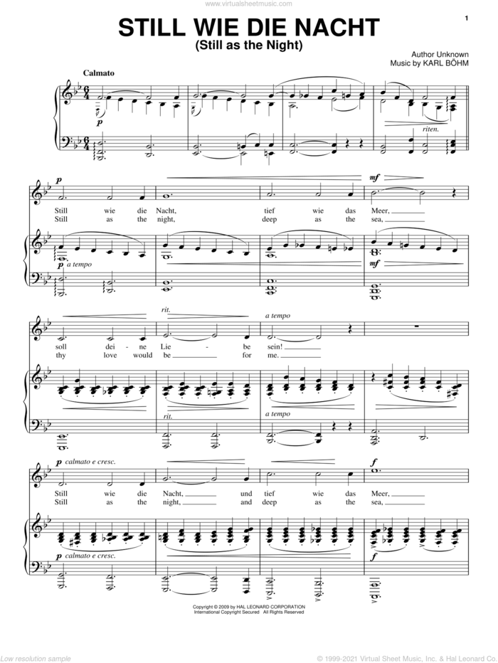 Still Wie Die Nacht (Still As The Night) sheet music for voice, piano or guitar by Carl Bohm, classical score, intermediate skill level
