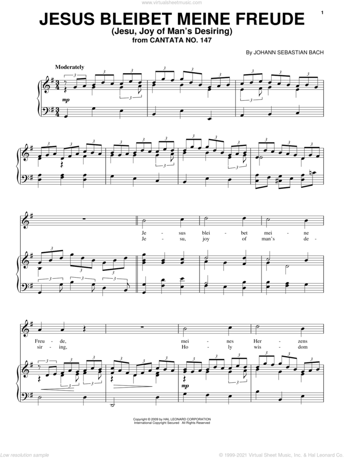 Jesus Bleibet Meine Freude sheet music for voice, piano or guitar by Johann Sebastian Bach, classical wedding score, intermediate skill level