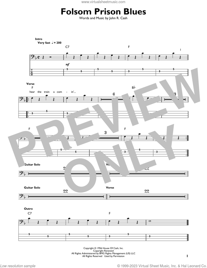 Folsom Prison Blues sheet music for bass solo by Johnny Cash, intermediate skill level