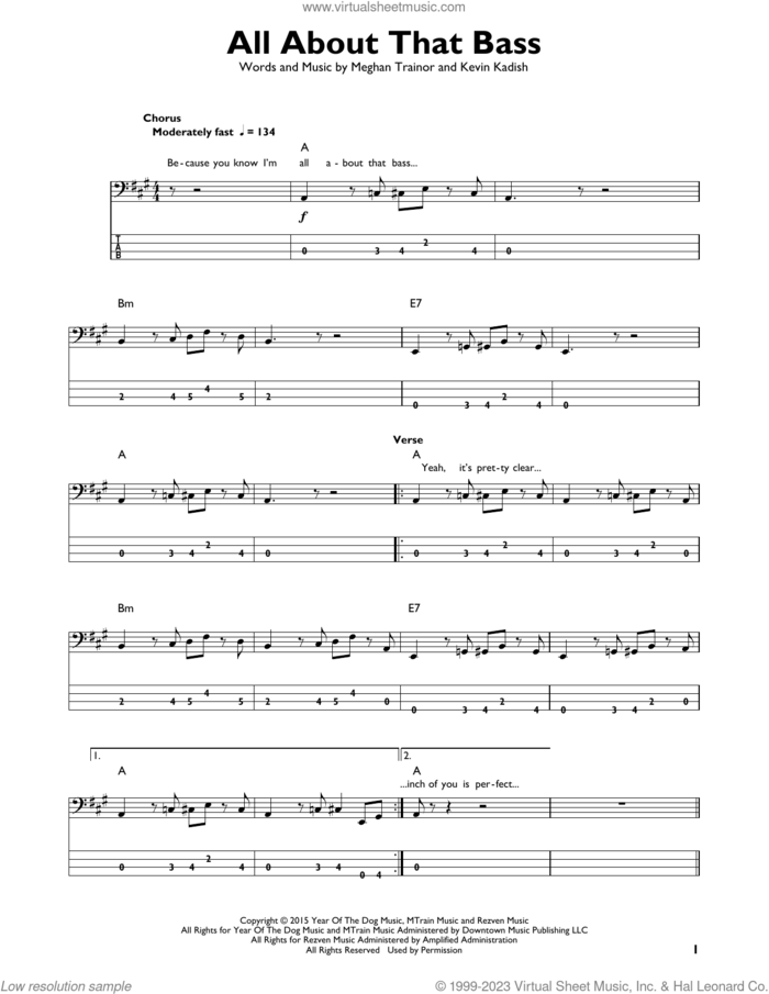 All About That Bass sheet music for bass solo by Meghan Trainor and Kevin Kadish, intermediate skill level