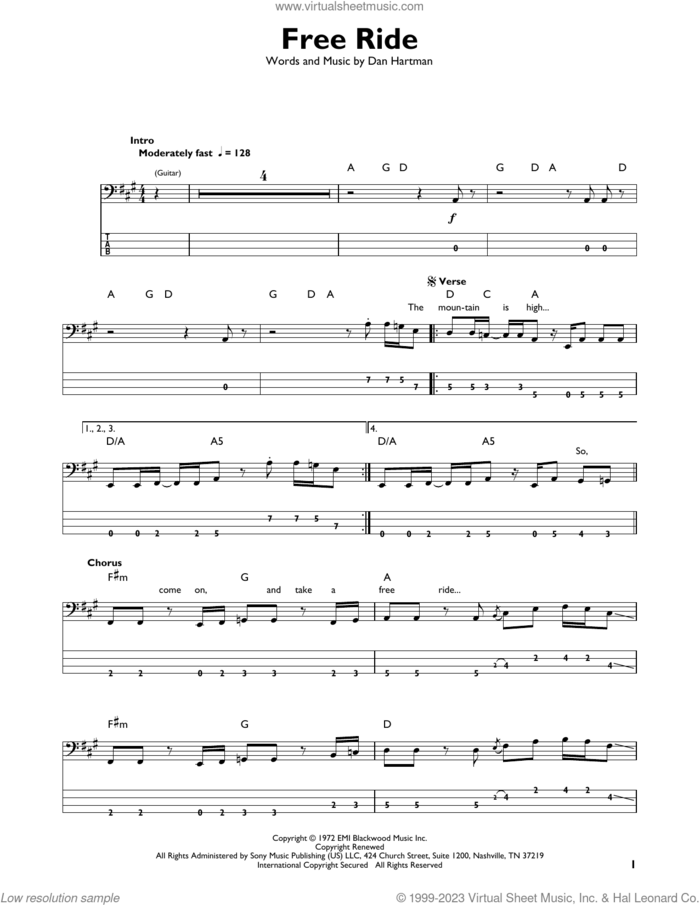Free Ride sheet music for bass solo by Edgar Winter Group and Dan Hartman, intermediate skill level
