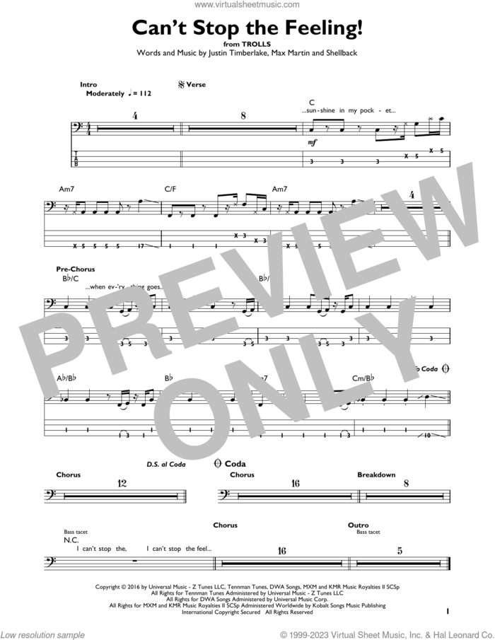 Can't Stop The Feeling! sheet music for bass solo by Justin Timberlake, Johan Schuster, Max Martin and Shellback, intermediate skill level