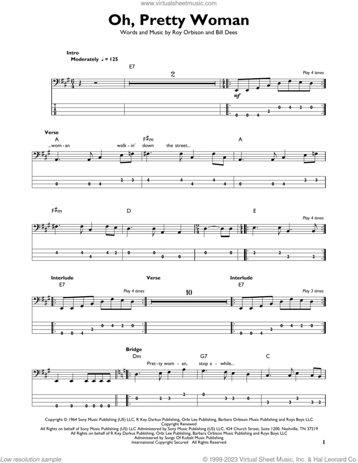 Oh, Pretty Woman sheet music for bass solo by Roy Orbison, Edward Van Halen and Bill Dees, intermediate skill level