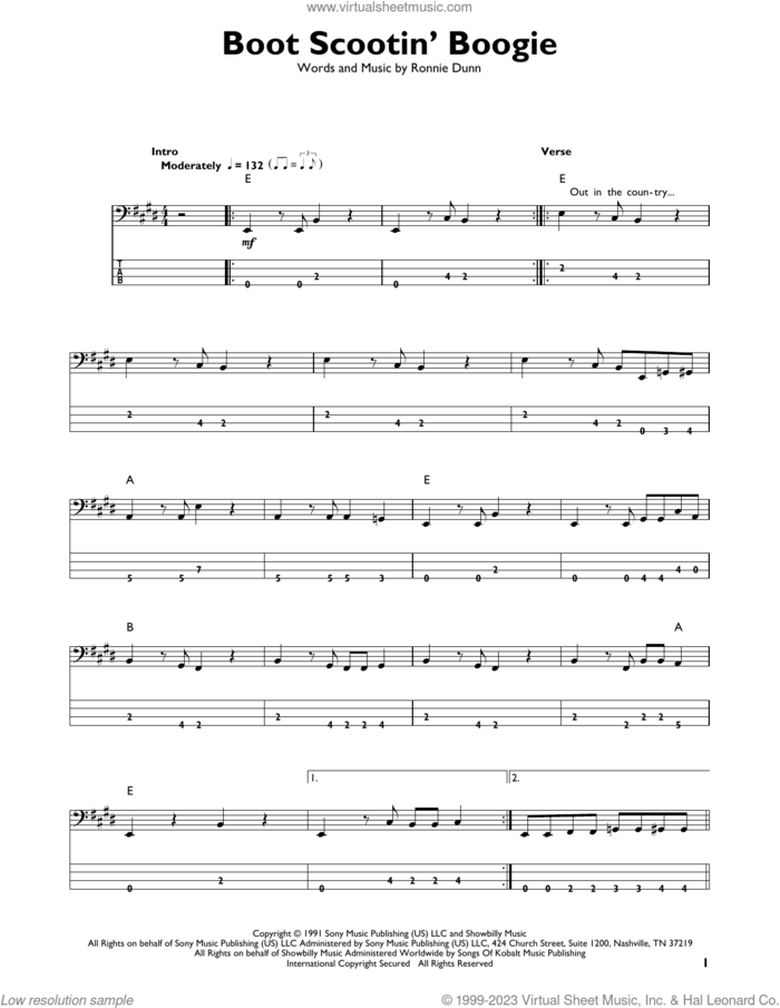 Boot Scootin' Boogie sheet music for bass solo by Brooks & Dunn and Ronnie Dunn, intermediate skill level