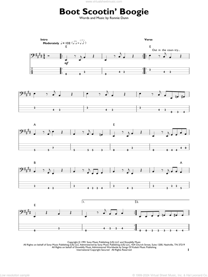 Boot Scootin' Boogie sheet music for bass solo by Brooks & Dunn and Ronnie Dunn, intermediate skill level