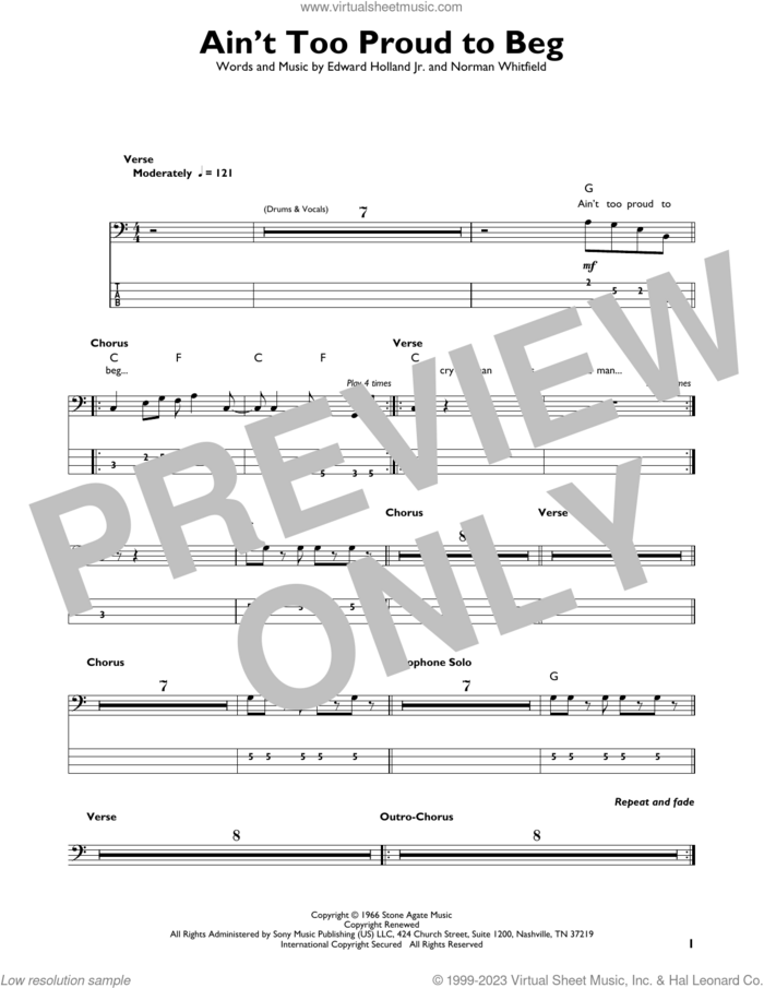 Ain't Too Proud To Beg sheet music for bass solo by The Temptations, The Rolling Stones, Edward Holland Jr. and Norman Whitfield, intermediate skill level
