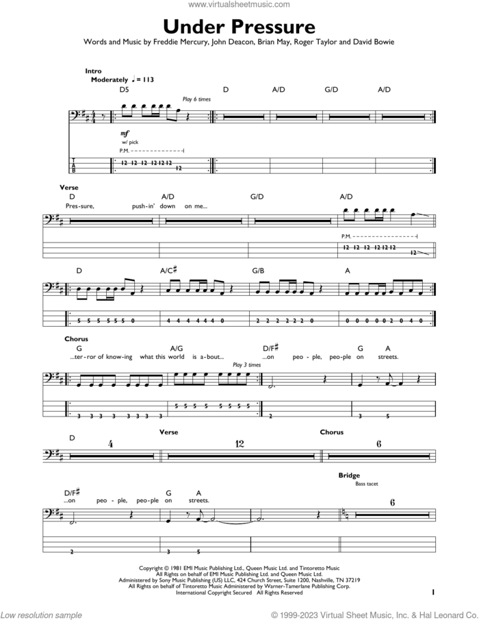 Under Pressure sheet music for bass solo by Queen & David Bowie, Queen, Brian May, David Bowie, Freddie Mercury, John Deacon and Roger Taylor, intermediate skill level