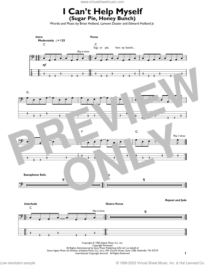 I Can't Help Myself (Sugar Pie, Honey Bunch) sheet music for bass solo by The Four Tops, Brian Holland, Edward Holland Jr. and Lamont Dozier, intermediate skill level