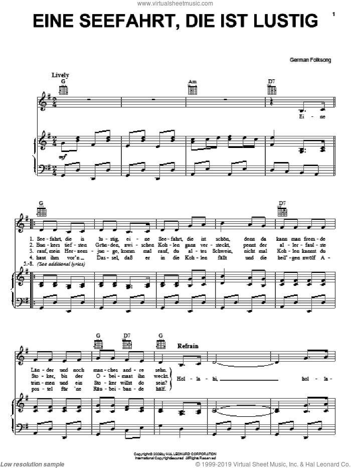 Eine Seefahrt, Die Ist Lustig sheet music for voice, piano or guitar, intermediate skill level