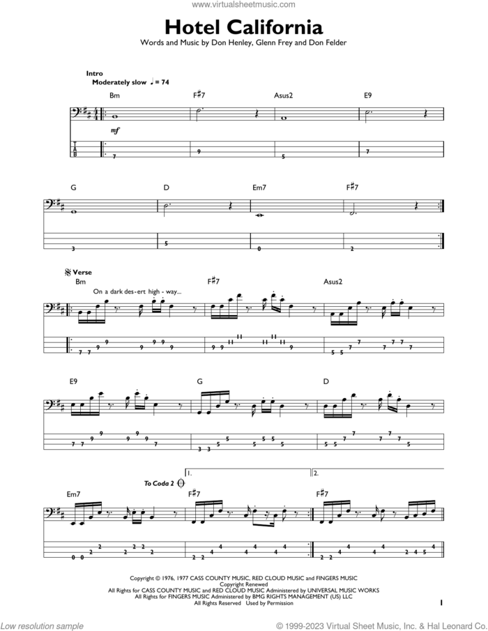 Hotel California sheet music for bass solo by Don Henley, The Eagles, Don Felder and Glenn Frey, intermediate skill level
