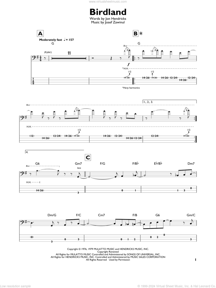 Birdland sheet music for bass solo by Weather Report, Jon Hendricks and Josef Zawinul, intermediate skill level