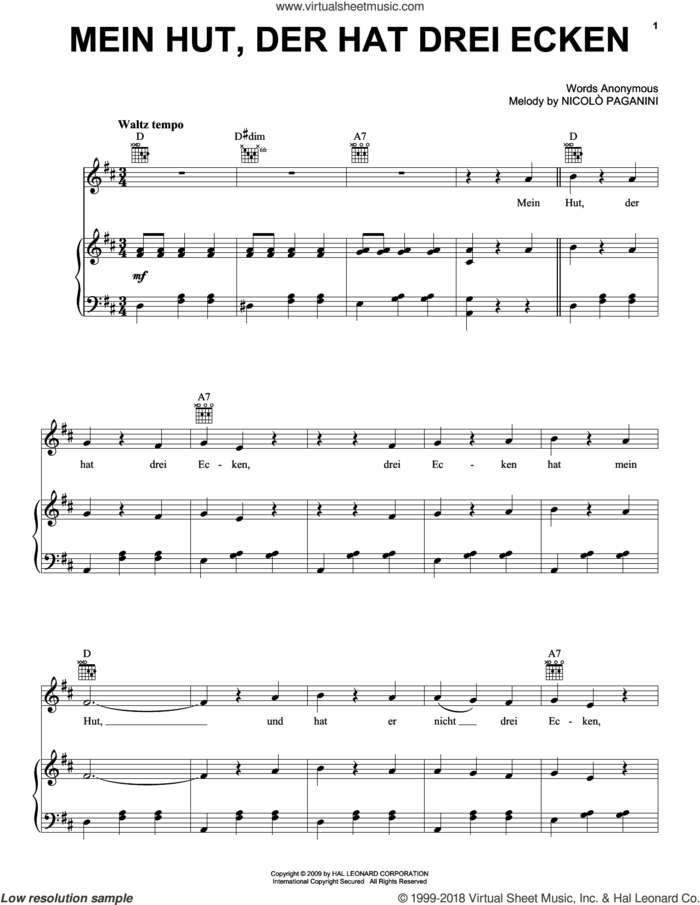 Mein Hut, Der Hat Drei Ecken sheet music for voice, piano or guitar by Nicolo Paganini, intermediate skill level