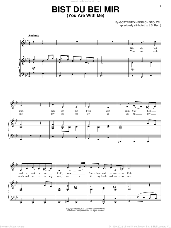 Bist Du Bei Mir sheet music for voice, piano or guitar by Gottfried Heinrich Stolzel, classical wedding score, intermediate skill level