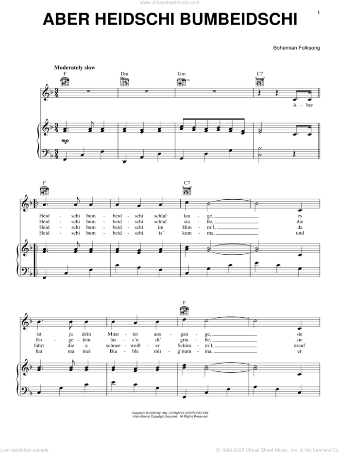 Aber Heidschi Bumbeidschi sheet music for voice, piano or guitar, intermediate skill level