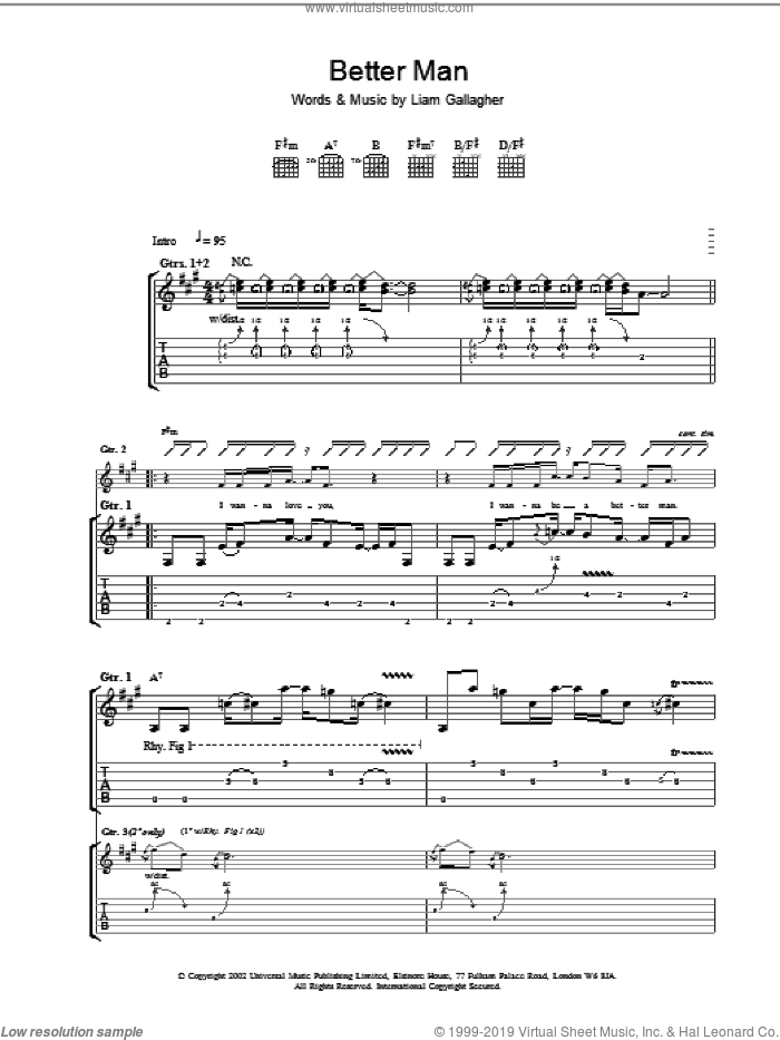 Better Man sheet music for guitar (tablature) by Oasis, intermediate skill level