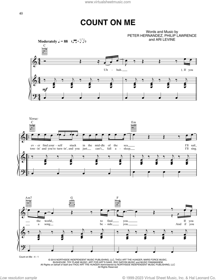 Count On Me sheet music for voice, piano or guitar by Bruno Mars, Ari Levine and Philip Lawrence, intermediate skill level