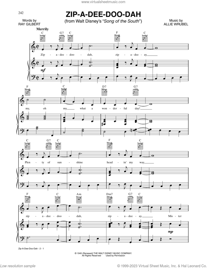 Zip-A-Dee-Doo-Dah sheet music for voice, piano or guitar by Ray Gilbert and Allie Wrubel, intermediate skill level
