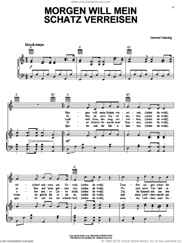 Morgen Will Mein Schatz Verreisen sheet music for voice, piano or guitar, intermediate skill level