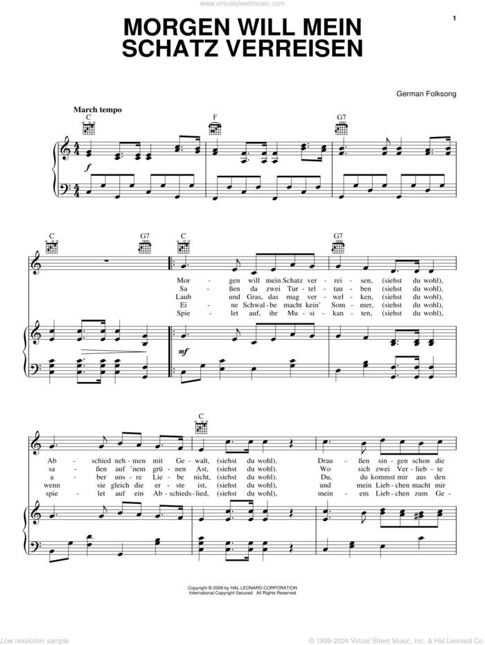 Morgen Will Mein Schatz Verreisen sheet music for voice, piano or guitar, intermediate skill level