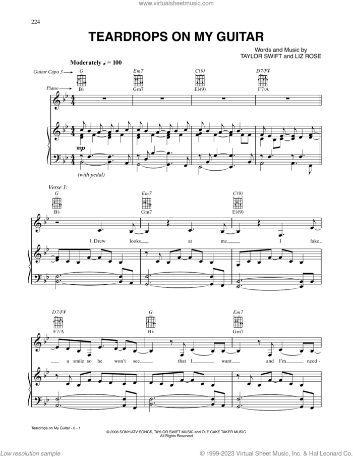 Teardrops On My Guitar sheet music for voice, piano or guitar by Taylor Swift and Liz Rose, intermediate skill level