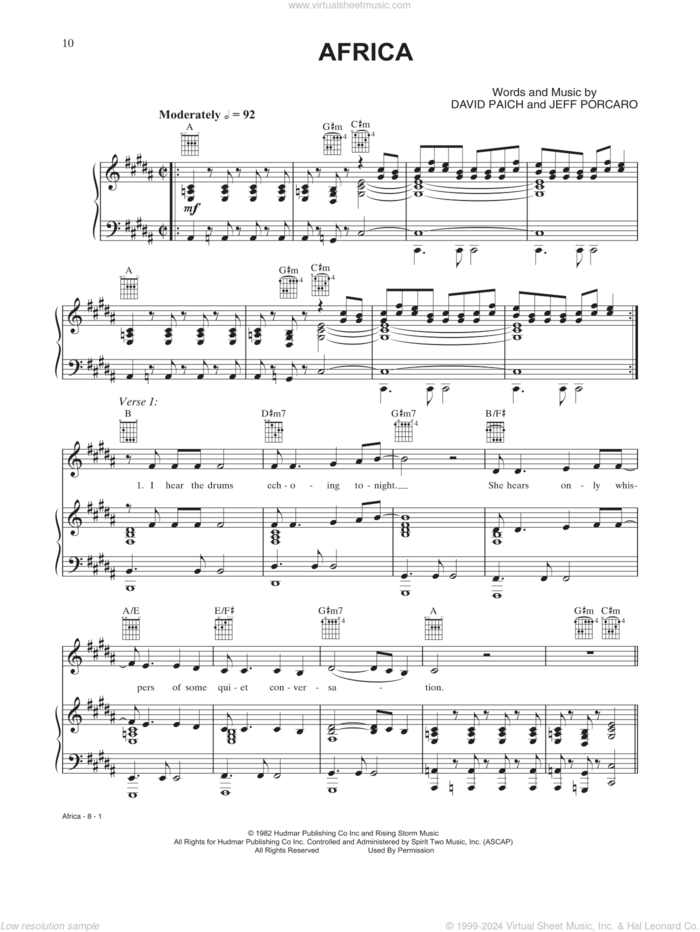 Africa sheet music for voice, piano or guitar by Toto, David Paich and Jeff Porcaro, intermediate skill level