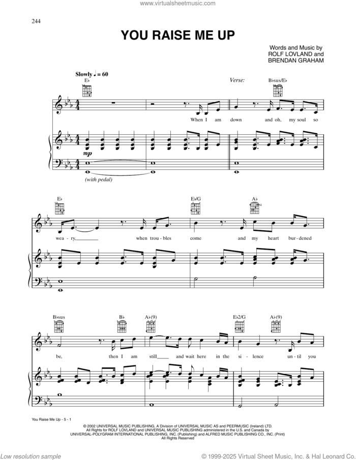 You Raise Me Up sheet music for voice, piano or guitar by Josh Groban, Secret Garden, Brendan Graham and Rolf Lovland, intermediate skill level
