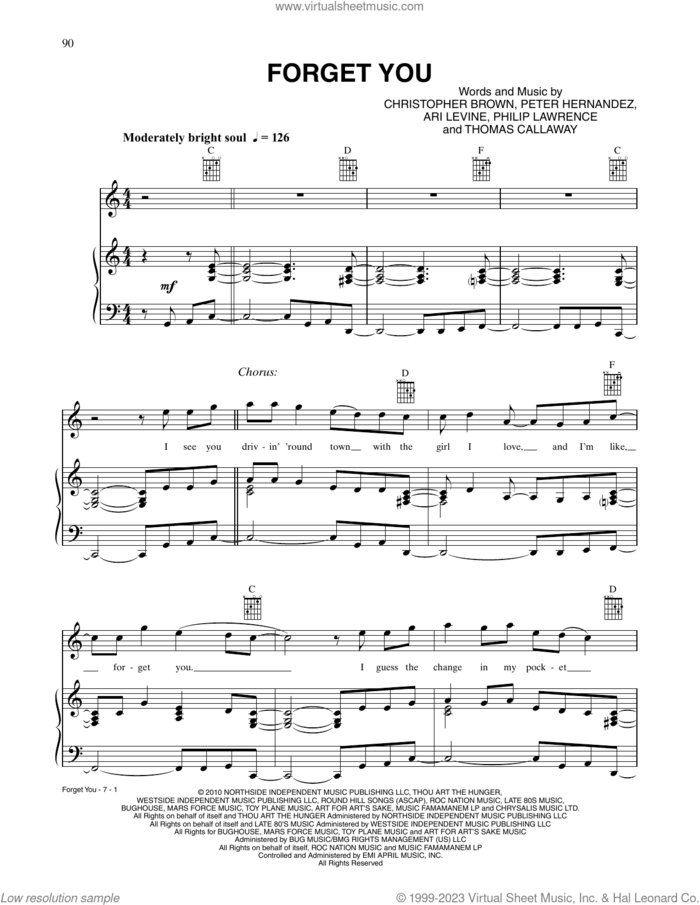 Forget You sheet music for voice, piano or guitar by Cee Lo Green, Ari Levine, Bruno Mars, Philip Lawrence and Thomas Callaway, intermediate skill level