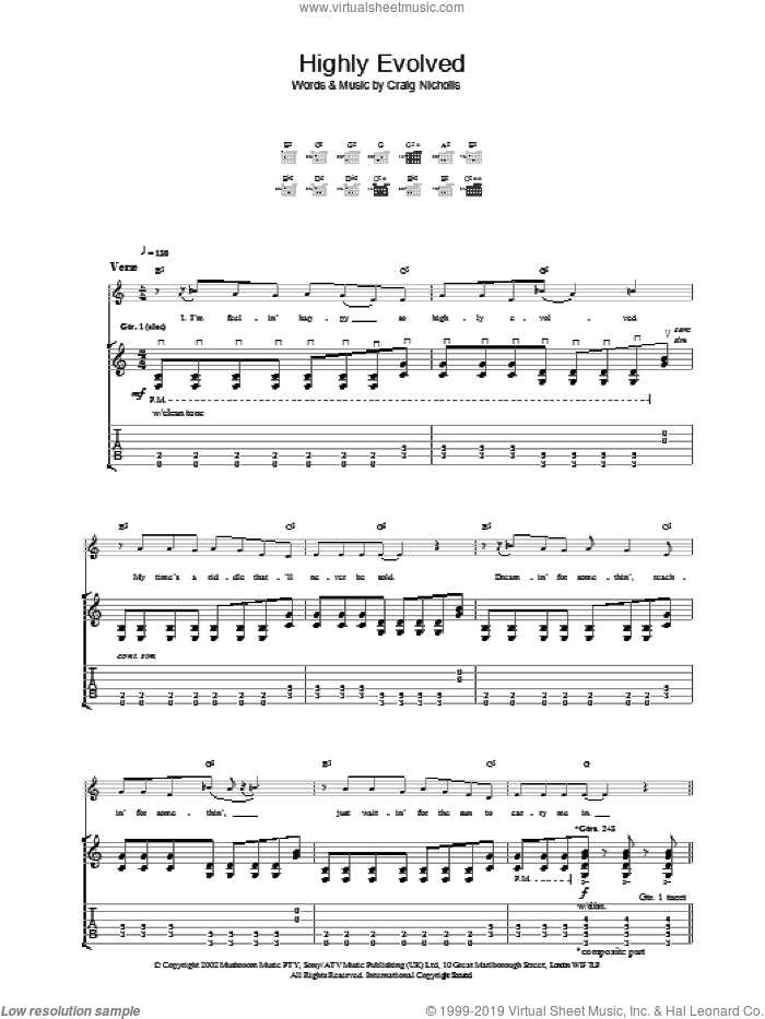Highly Evolved sheet music for guitar (tablature) by The Vines, intermediate skill level