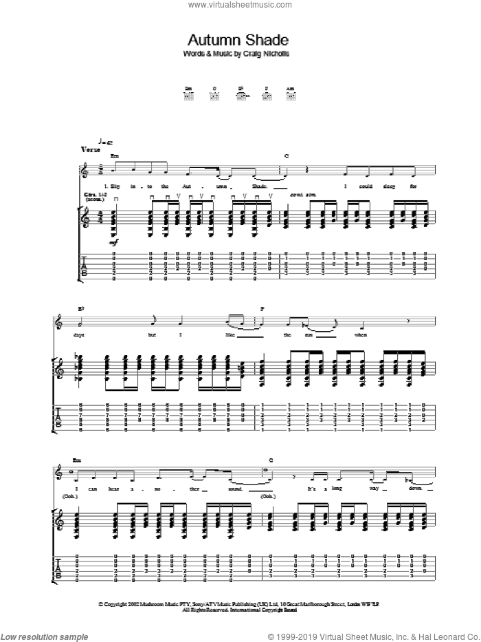 Autumn Shade sheet music for guitar (tablature) by The Vines, intermediate skill level