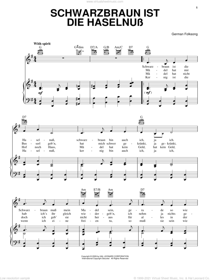 Schwarzbraun Ist Die Haselnuss sheet music for voice, piano or guitar, intermediate skill level