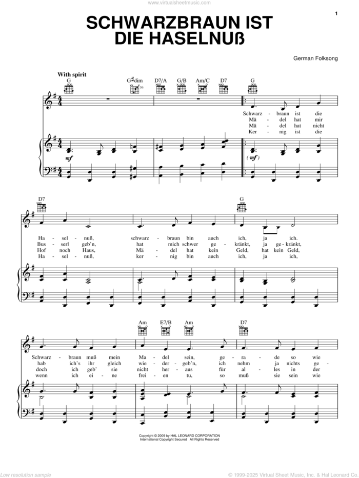 Schwarzbraun Ist Die Haselnuss sheet music for voice, piano or guitar, intermediate skill level