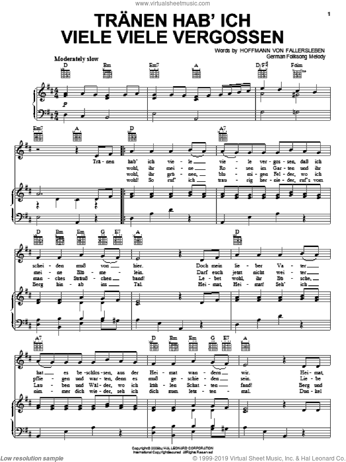 Tranen Hab'ich Viele Viele Vergossen sheet music for voice, piano or guitar by Hoffmann von Fallersleben and Miscellaneous, intermediate skill level