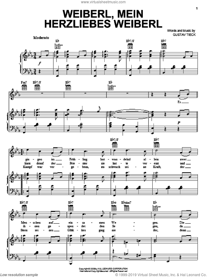 Weiberl, Mein Herzliebes Weiberl! sheet music for voice, piano or guitar by Gustav Tieck, intermediate skill level