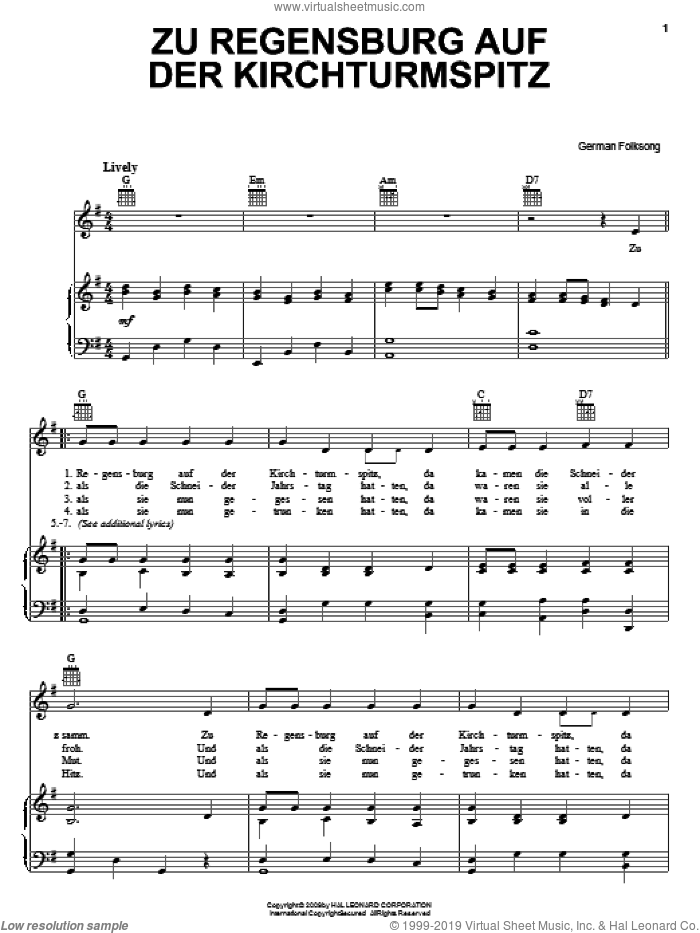 Zu Regensburg Auf Der Kirchturmspitz sheet music for voice, piano or guitar, intermediate skill level