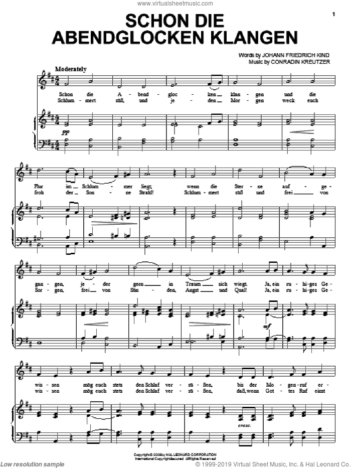 Schon Die Abendglocken Klangen sheet music for voice, piano or guitar by Conradin Kreutzer, intermediate skill level