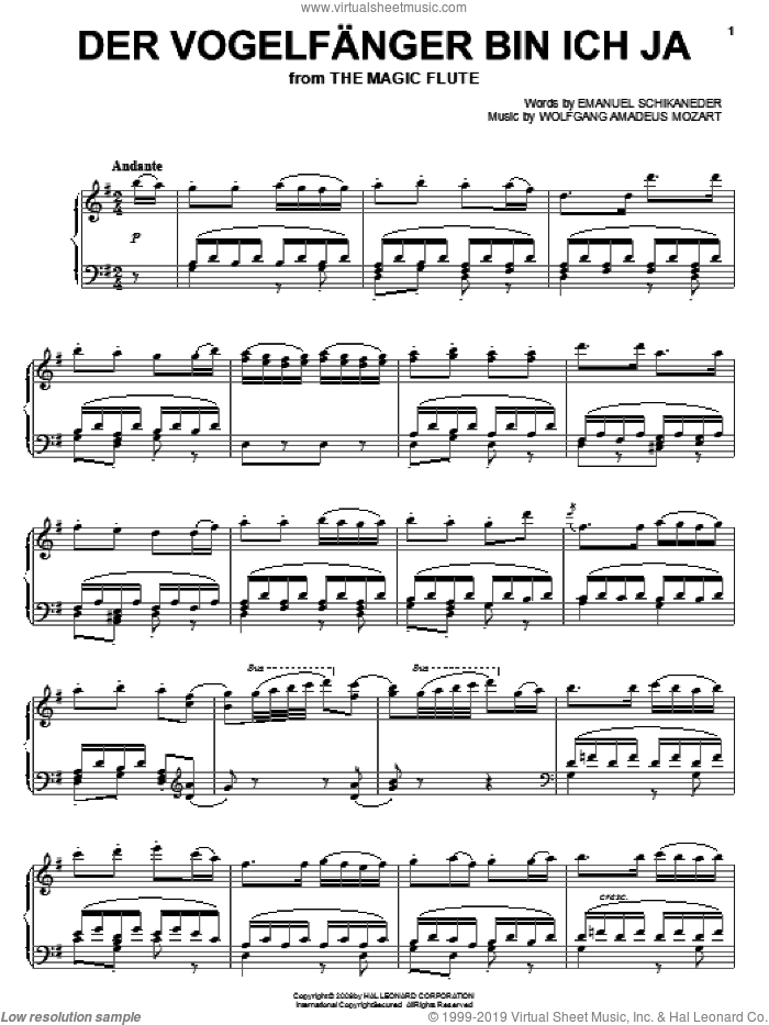 Der Vogelfanger Bin Ich Ja sheet music for voice, piano or guitar by Wolfgang Amadeus Mozart and Emanuel Schikaneder, classical score, intermediate skill level