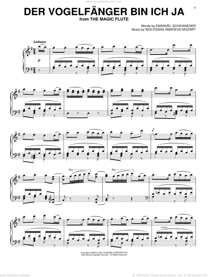 Der Vogelfanger Bin Ich Ja sheet music for voice, piano or guitar by Wolfgang Amadeus Mozart and Emanuel Schikaneder, classical score, intermediate skill level