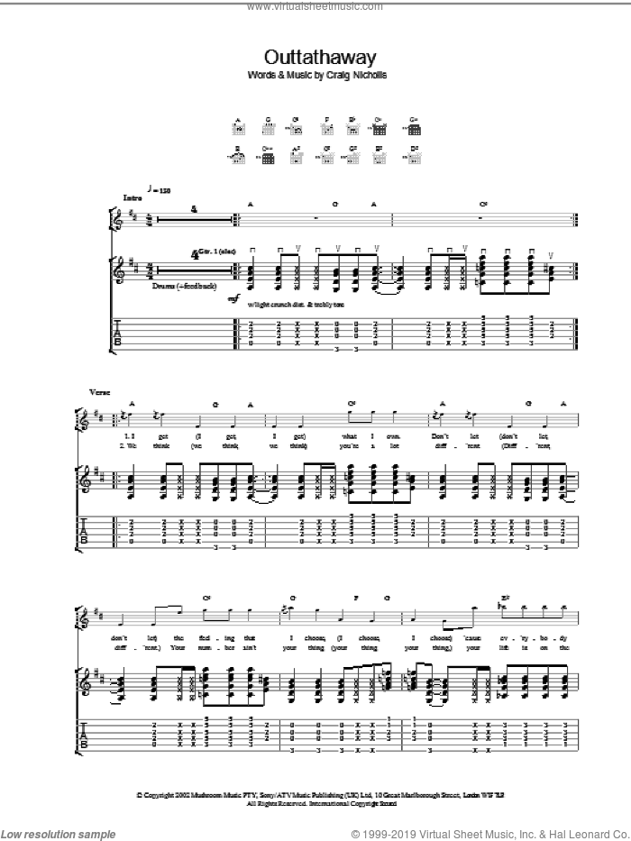 Outtathaway sheet music for guitar (tablature) by The Vines, intermediate skill level
