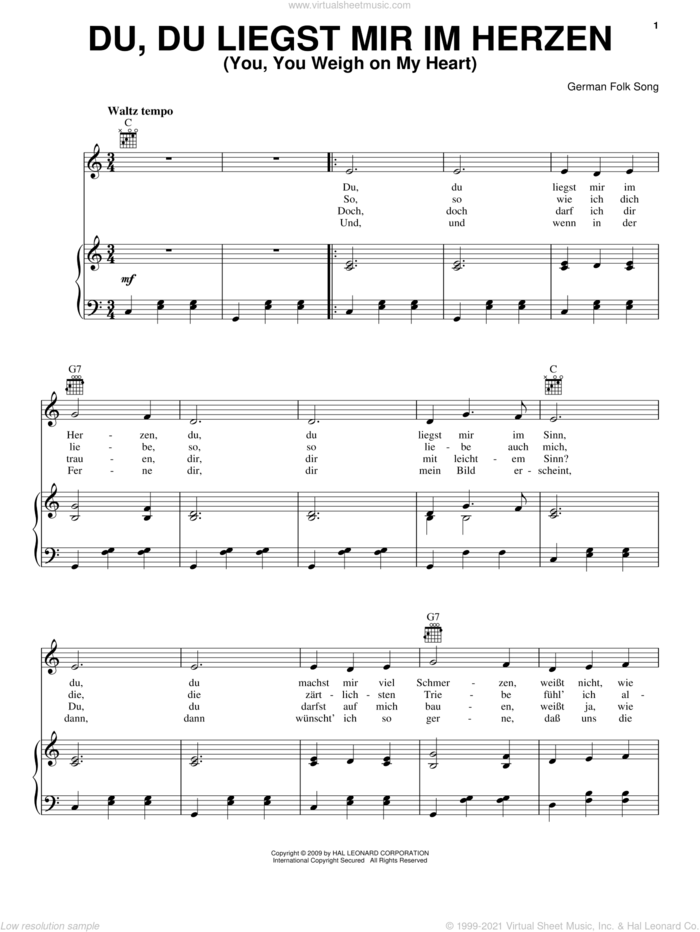 Du, Du Liegst Mir Im Herzen (You, You Weigh On My Heart) sheet music for voice, piano or guitar, intermediate skill level