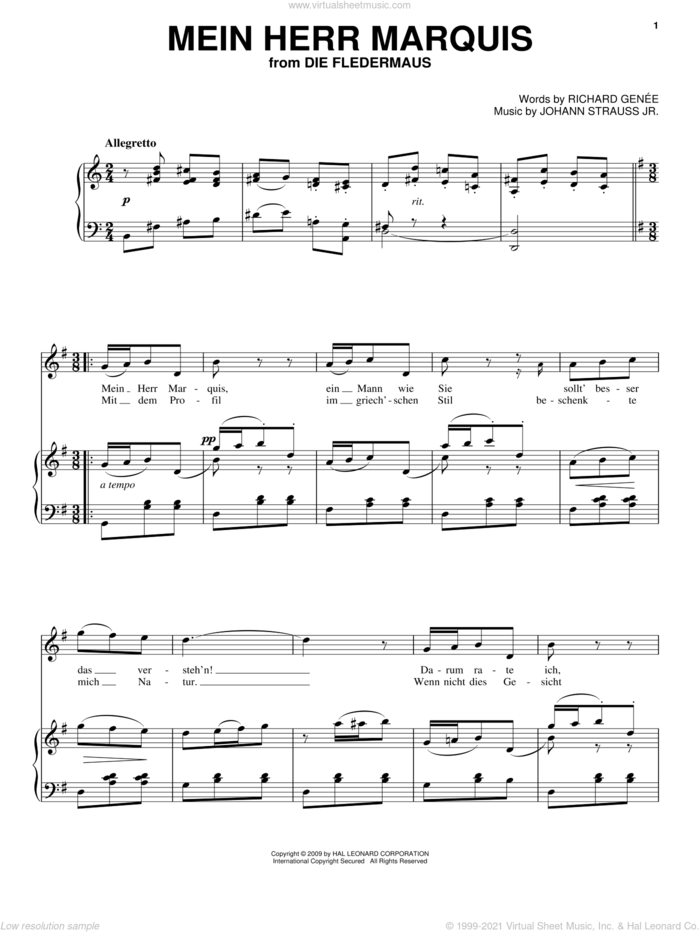 Mein Herr Marquis sheet music for voice, piano or guitar by Johann Strauss, Jr. and Richard Genee, classical score, intermediate skill level