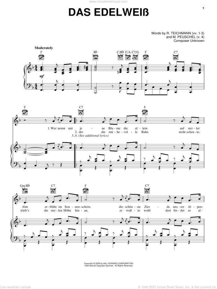 Das Edelweiss sheet music for voice, piano or guitar by R. Teichmann and M. Peuschel, intermediate skill level