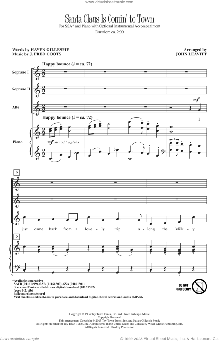Santa Claus Is Comin' To Town (arr. John Leavitt) sheet music for choir (SSA: soprano, alto) by J. Fred Coots, John Leavitt and Haven Gillespie, intermediate skill level