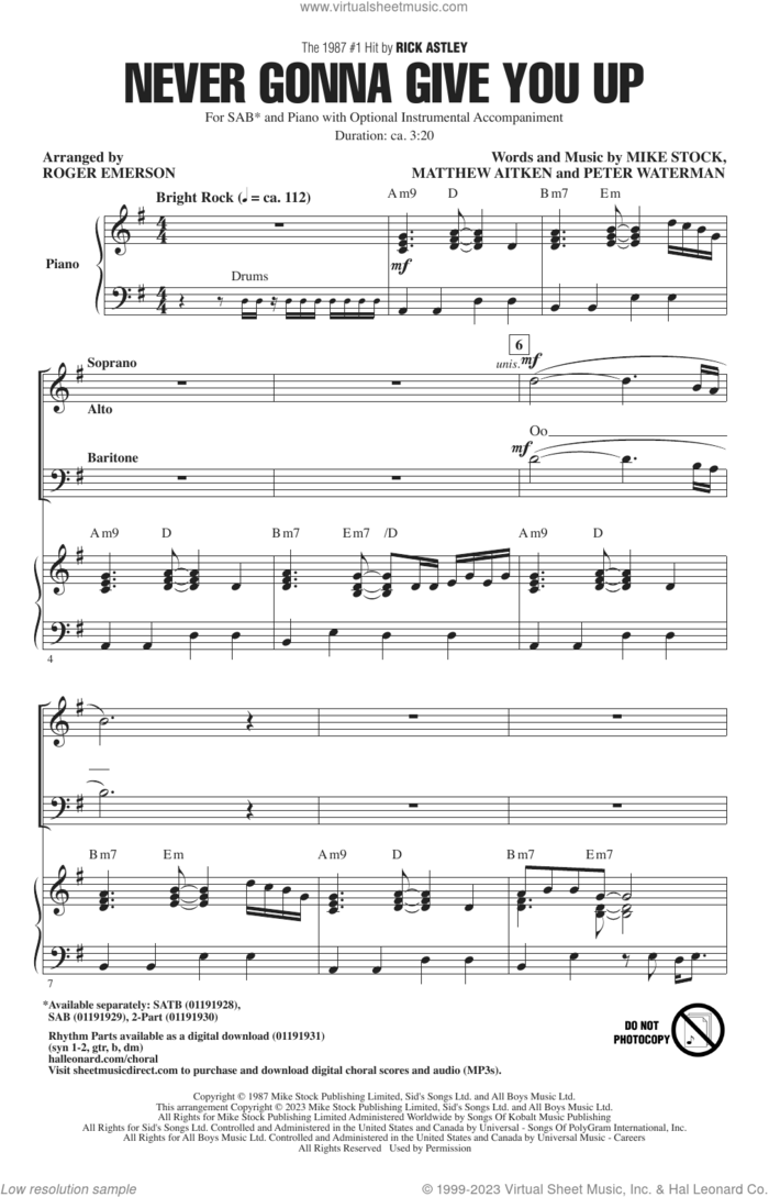 Never Gonna Give You Up (arr. Roger Emerson) sheet music for choir (SAB: soprano, alto, bass) by Rick Astley, Roger Emerson, Matthew Aitken, Mike Stock and Pete Waterman, intermediate skill level