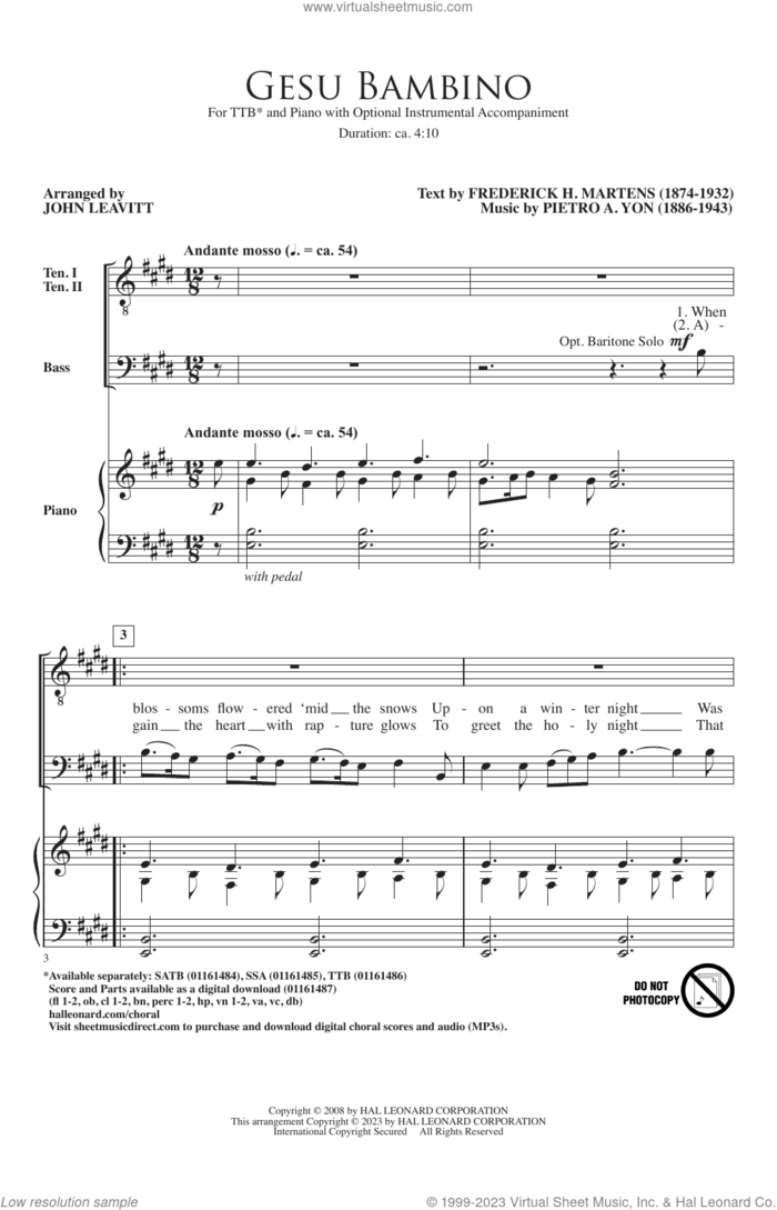 Gesu Bambino (arr. John Leavitt) sheet music for choir (TTBBB) by Pietro Yon, John Leavitt and Frederick H. Martens, intermediate skill level
