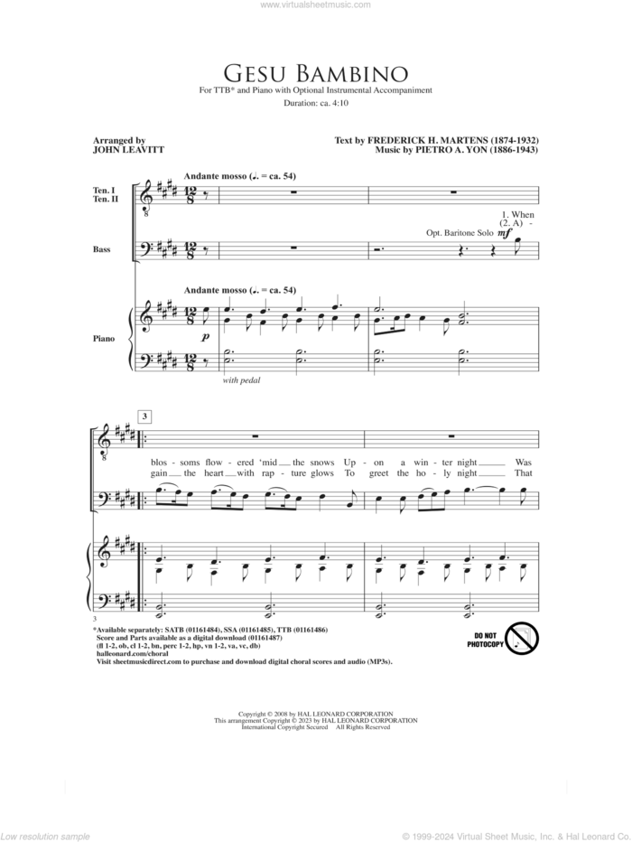 Gesu Bambino (arr. John Leavitt) sheet music for choir (TTBBB) by Pietro Yon, John Leavitt and Frederick H. Martens, intermediate skill level