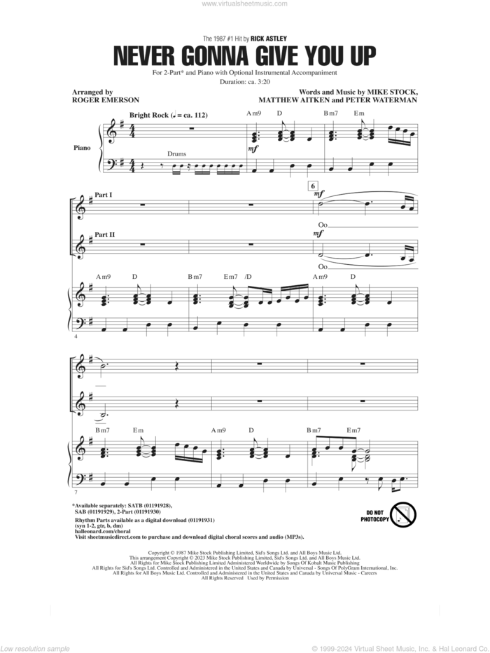 Never Gonna Give You Up (arr. Roger Emerson) sheet music for choir (2-Part) by Rick Astley, Roger Emerson, Matthew Aitken, Mike Stock and Pete Waterman, intermediate duet