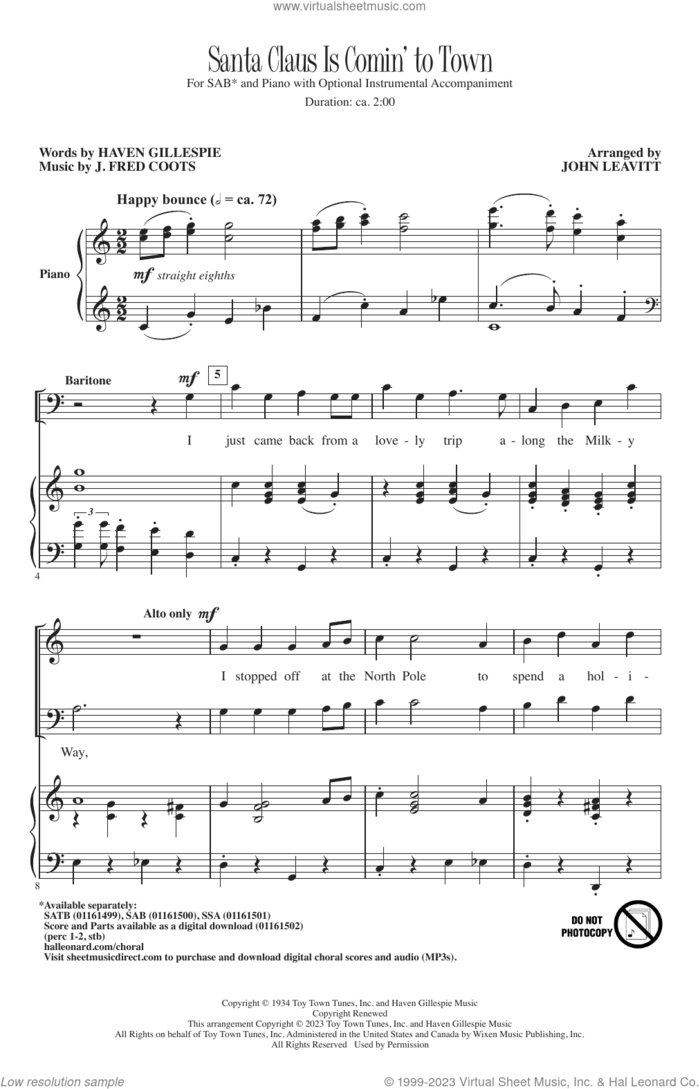 Santa Claus Is Comin' To Town (arr. John Leavitt) sheet music for choir (SAB: soprano, alto, bass) by J. Fred Coots, John Leavitt and Haven Gillespie, intermediate skill level