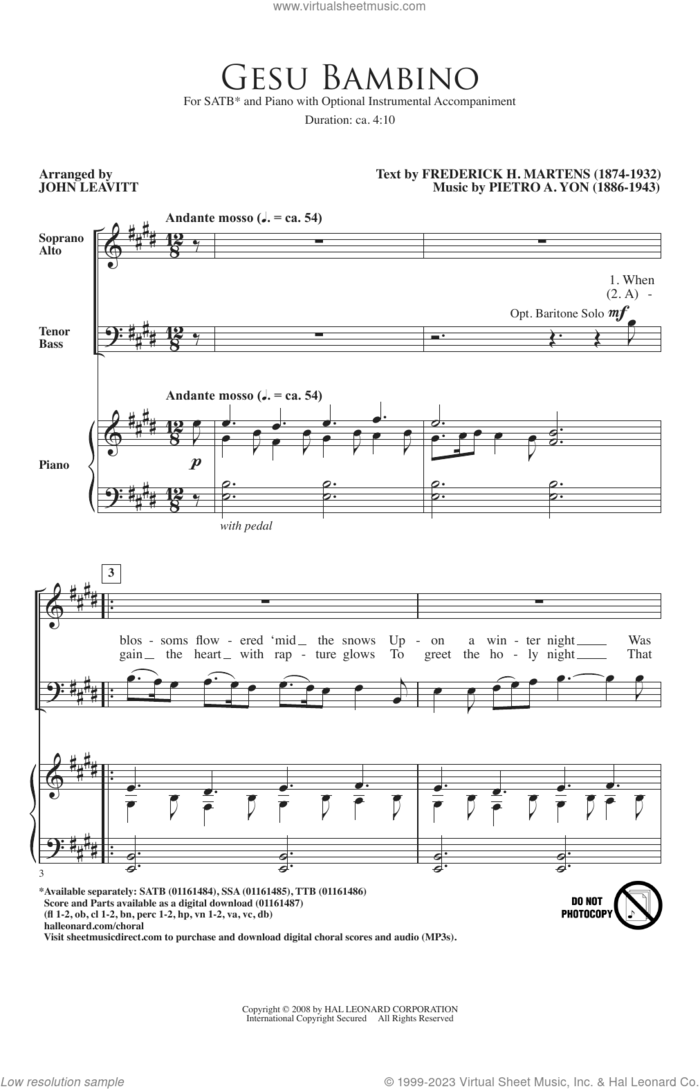 Gesu Bambino (arr. John Leavitt) sheet music for choir (SATB: soprano, alto, tenor, bass) by Pietro Yon, John Leavitt and Frederick H. Martens, intermediate skill level