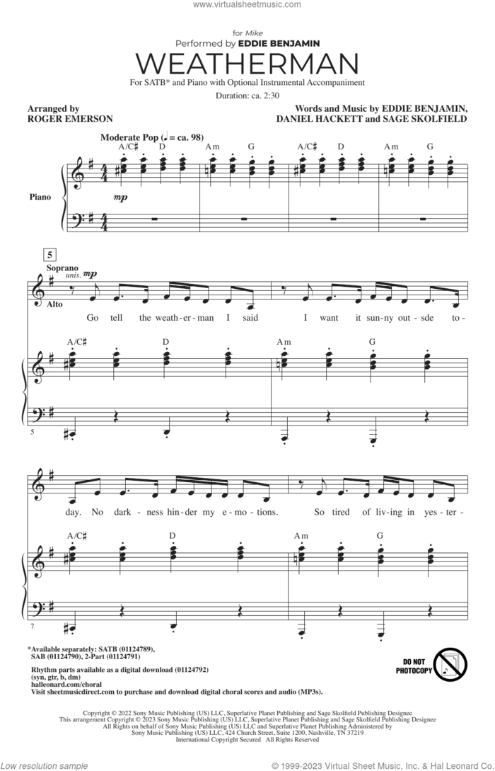 Weatherman (arr. Roger Emerson) sheet music for choir (SATB: soprano, alto, tenor, bass) by Eddie Benjamin, Roger Emerson, Daniel Hackett and Sage Skolfield, intermediate skill level