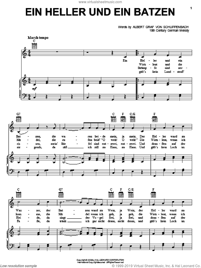 Ein Heller Und Ein Batzen sheet music for voice, piano or guitar by Albert Graf von Schlippenbach and Miscellaneous, intermediate skill level